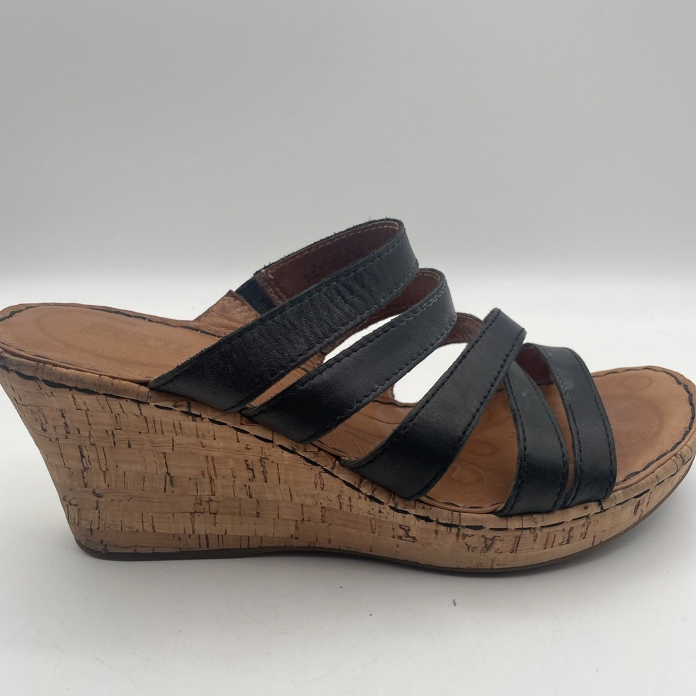 Born Women's Wedge Sandal Size 7/38 Cork Heel Platform Black Leather Strappy - Picture 5 of 9